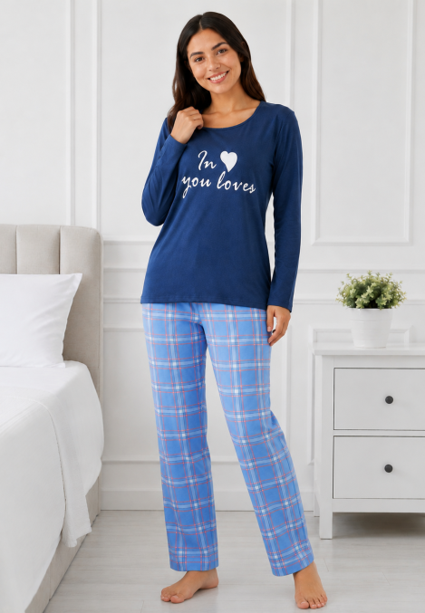 Pijama de damă cu bluză cu maneca lunga și pantaloni-Bleumarin,Engros